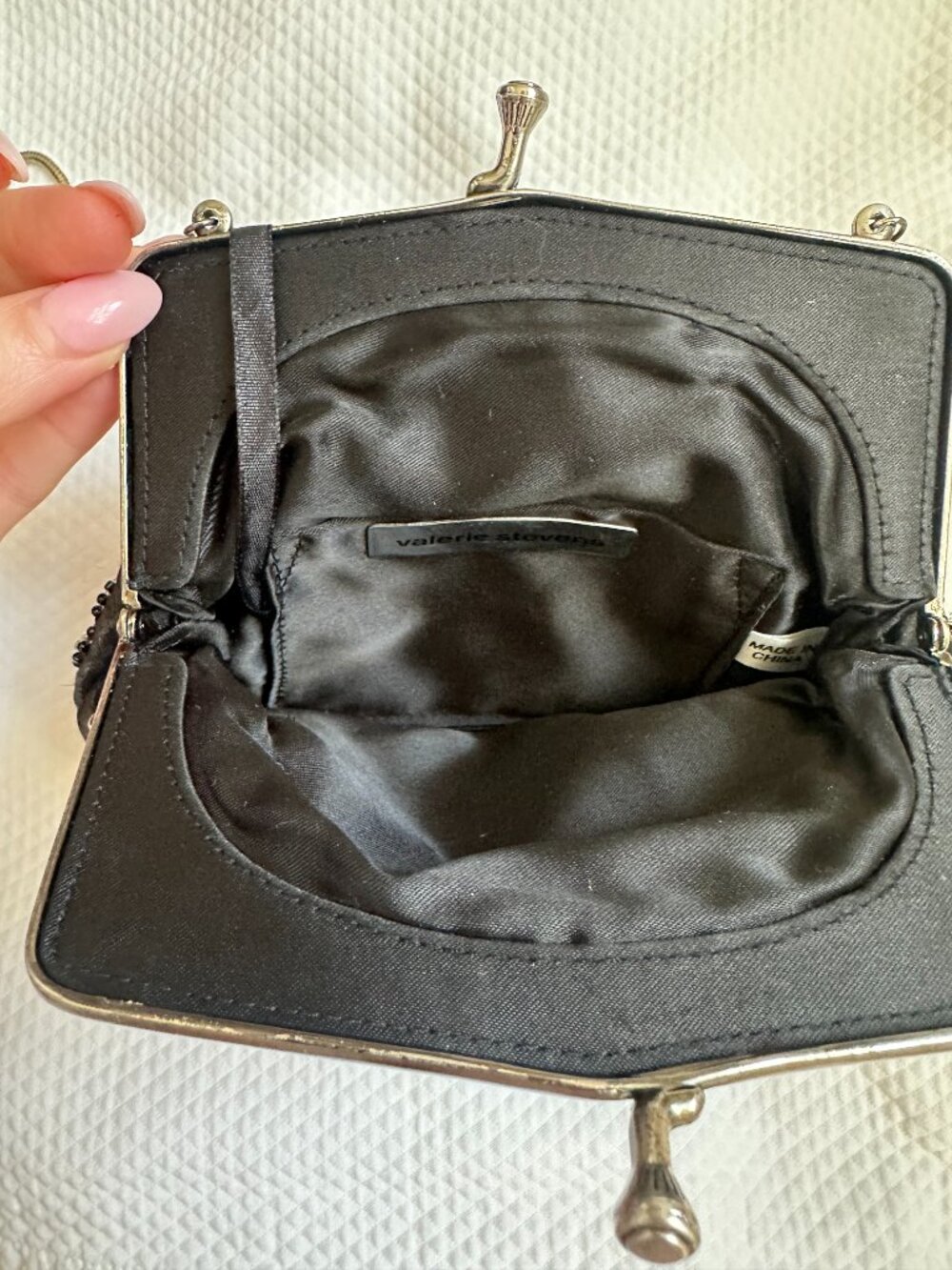 Vintage Valerie Stevens Black Beaded Silk Evening Bag with Mirror & Chain - Picture 6 of 8
